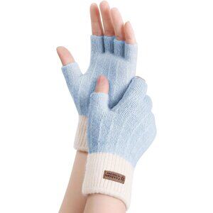 Women's White Blue Fingerless Half Finger Knitted Mittens Gloves Cold Weather